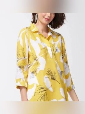 Chico's 100% Linen Popover Top Tunic Women's Sz 1 (US 8) Medium Yellow Floral